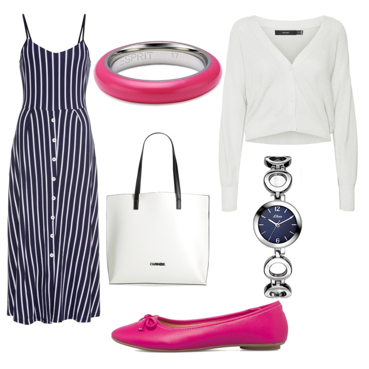 Outfit donna - Vestito midi a righe. Stile Vintage retrò per Tutti i giorni. Abbinamento con borse a mano, vestiti midi/longuette, ballerine, cardigans, anelli, orologi.