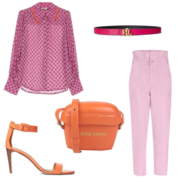 Outfit donna - Arancio e viola. Stile Casual chic per Serata fuori. Abbinamento con borse a tracolla, jeans, camicie, cinture, sandali in pelle.