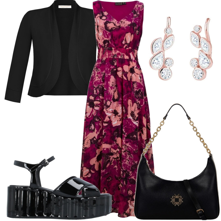 Outfit donna - Invitata ad un cerimonia di sera. Stile Glamour per Cerimonia. Abbinamento con vestiti lunghi, sandali in pelle, bolero, borse a spalla, orecchini.