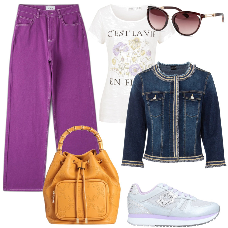 Outfit donna - I pantaloni viola. Stile Casual per Tutti i giorni. Abbinamento con blazer, occhiali da sole, t-shirt, sneakers, borse a mano, pantaloni.