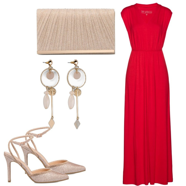 Outfit donna - Rosso e oro. Stile Chic per Cerimonia. Abbinamento con orecchini, vestiti lunghi, décolleté, clutch.