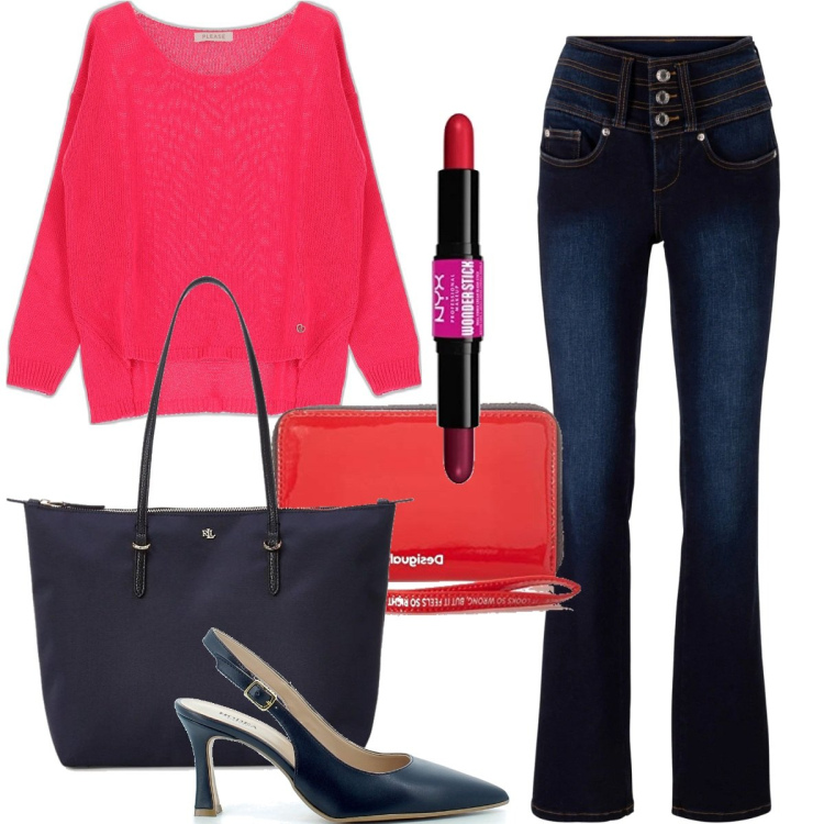 Outfit donna - A far la spesa. Stile Basic per Tutti i giorni. Abbinamento con jeans bootcut, maglieria, sandali in pelle, borse tote, portafogli, blush.