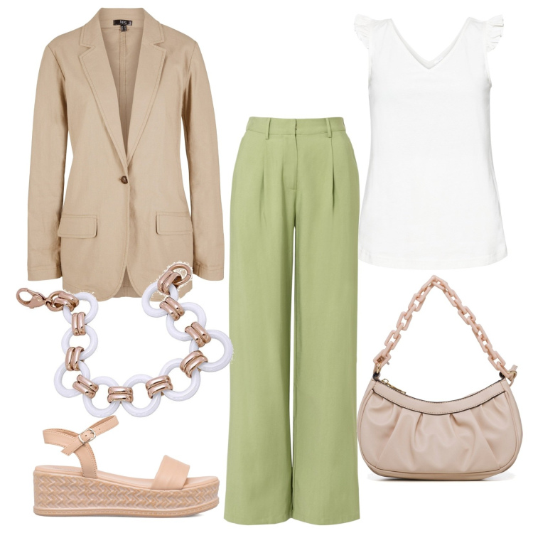 Outfit donna - Quiet mood. Stile Casual per Ufficio. Abbinamento con top, pantaloni, blazer, sandali col tacco, borse a mano, braccialetti.