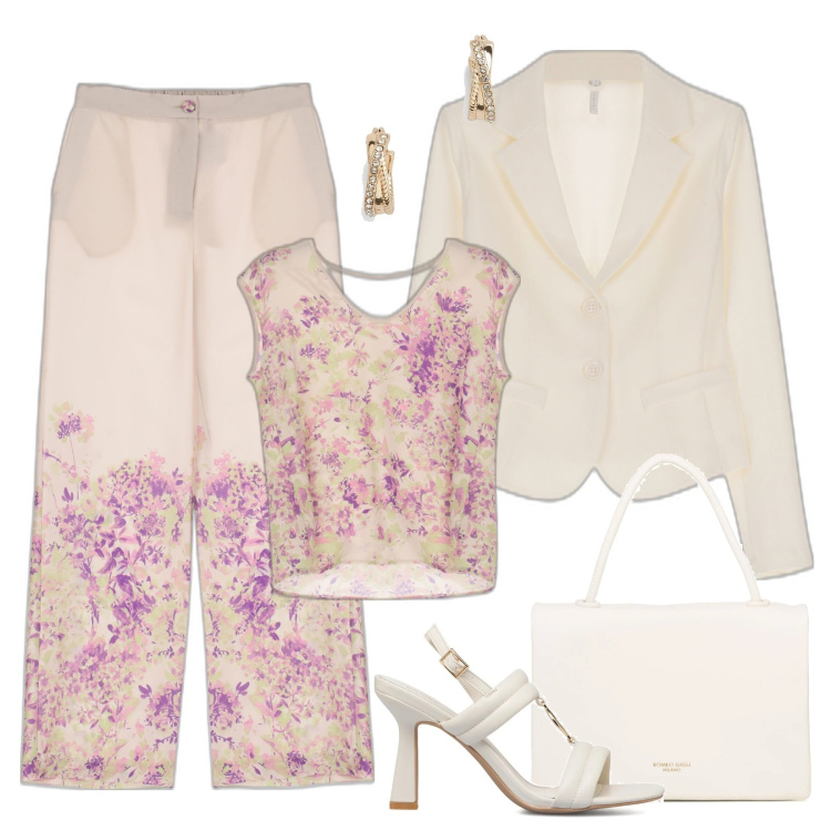 Outfit donna - Curvy, floreale alla cerimonia di nozze. Stile Chic per Cerimonia. Abbinamento con pantaloni a palazzo, canottiere, giacche, orecchini, sandali col tacco, borse a mano.