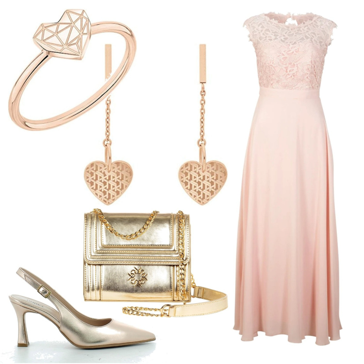 Outfit donna - Rosa perla per cerimonia. Stile Bon Ton per Cerimonia. Abbinamento con vestiti lunghi, borse a tracolla, sandali in pelle, orecchini, anelli.