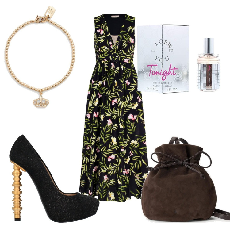 Outfit donna - Total look #1628254. Stile Glamour per Cerimonia. Abbinamento con décolleté, borse a secchiello, braccialetti, vestiti lunghi, profumi.