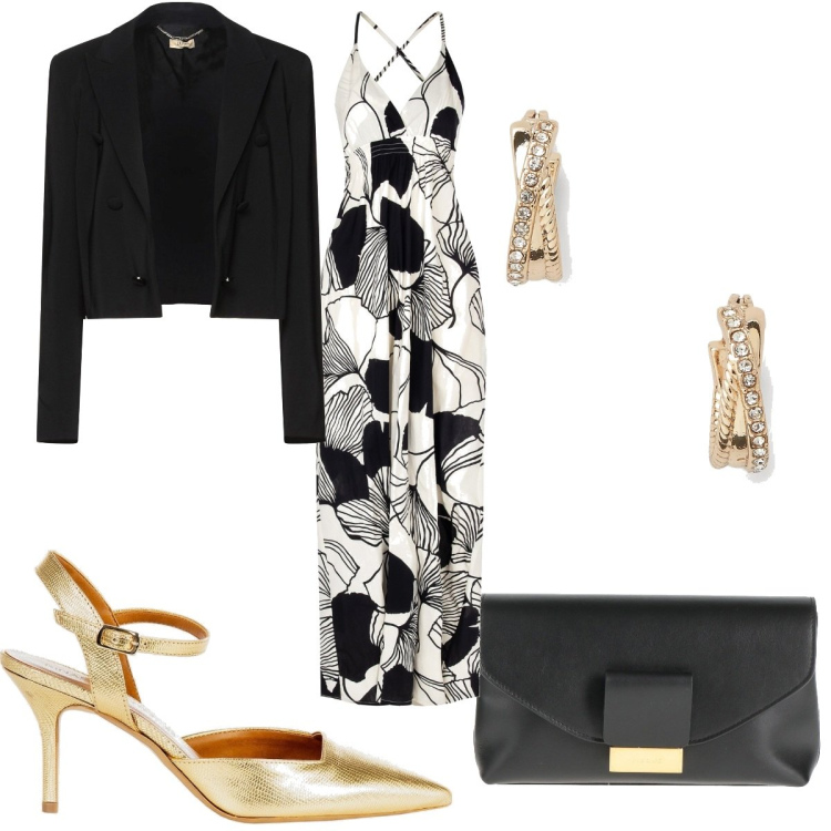 Outfit donna - Total look #1628262. Stile Trendy per Cerimonia. Abbinamento con blazer, borse a mano, vestiti lunghi, scarpe col tacco, orecchini.