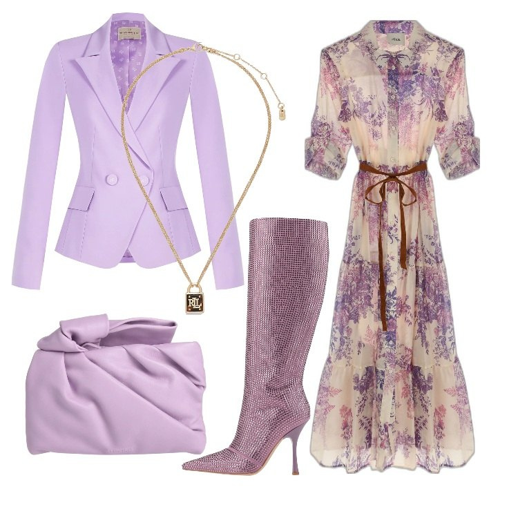 Outfit donna - Il colore viola e le sue tonalità. Stile Trendy per Serata fuori. Abbinamento con stivali, borse a mano, giacche, vestiti midi/longuette, ciondoli.