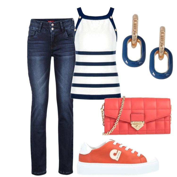 Outfit donna - Ed è subito chic. Stile Casual chic per Tutti i giorni. Abbinamento con jeans, sneakers, borse a tracolla, top, orecchini.