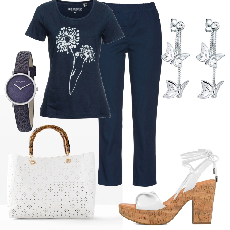 Outfit donna - White e blu!. Stile Casual chic per Tutti i giorni. Abbinamento con pantaloni, t-shirt, borse a mano, sandali alla schiava, orologi, orecchini.