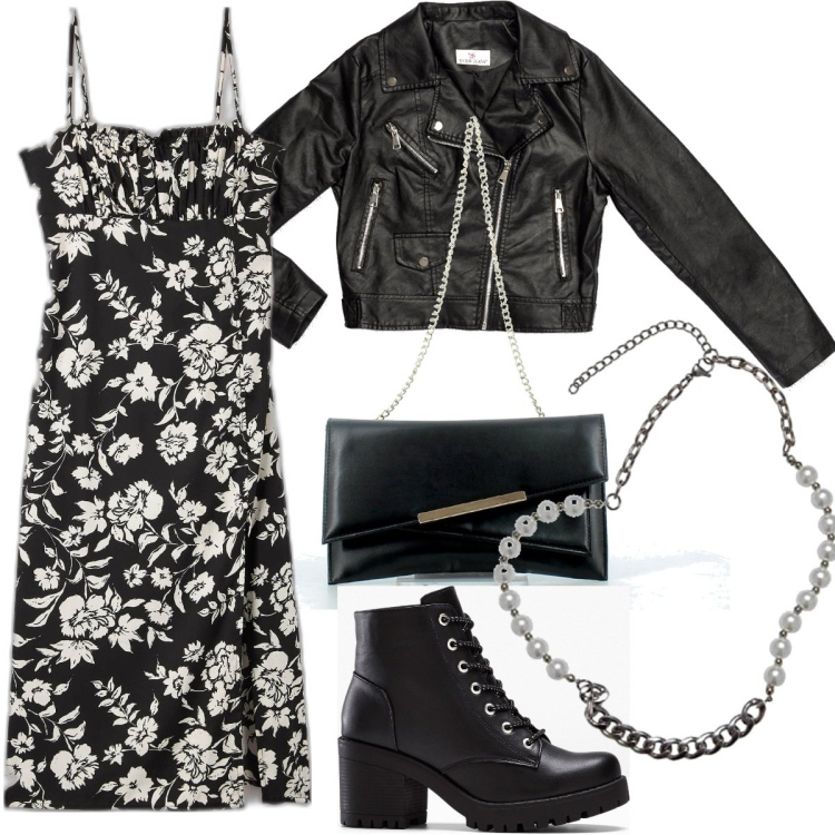 Outfit donna - Total look #1628416. Stile Rock per Serata fuori. Abbinamento con stivaletti, vestiti lunghi, clutch, cappotti, collane.