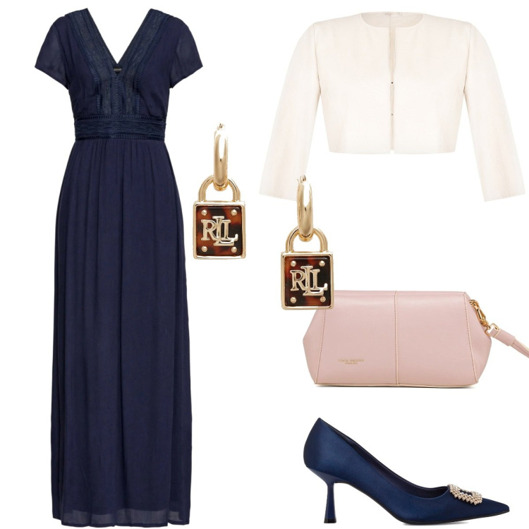 Outfit donna - Il vestito lungo blu. Stile Chic per Cerimonia. Abbinamento con vestiti lunghi, bolero, orecchini, décolleté, clutch.