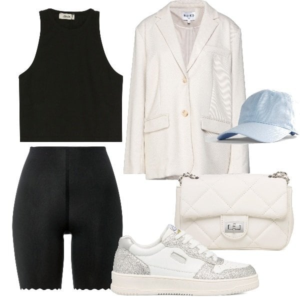 Outfit donna - Cycle pants e maxi blazer. Stile Sporty chic per Tutti i giorni. Abbinamento con blazer, pantaloni corti, cappelli con visiera, sneakers, borse a tracolla, top.