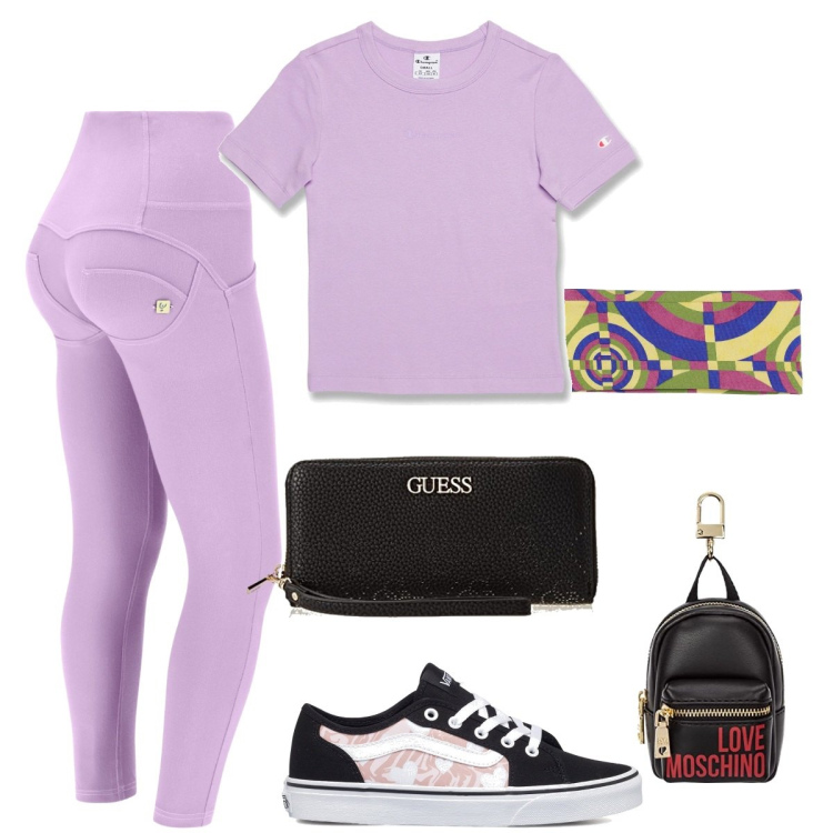 Outfit donna - Total look #1628517. Stile Sporty chic per Sport. Abbinamento con pantaloni skinny, sneakers, t-shirt, fasce per capelli, portachiavi, portafogli.