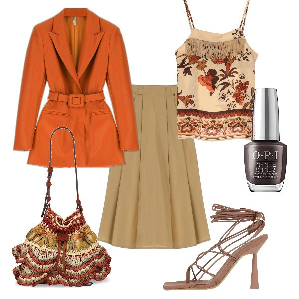 Outfit donna - Total look #1628538. Stile Etnico per Serata fuori. Abbinamento con infradito, giacche, gonne longuette, canottiere, borse a secchiello, smalti.