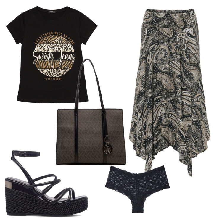 Outfit donna - Look estivo. Stile Basic per Tutti i giorni. Abbinamento con gonne longuette, culotte, t-shirt, borse a spalla, sandali in pelle.