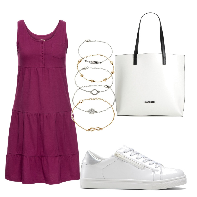 Outfit donna - Violet and white. Stile Casual per Tutti i giorni. Abbinamento con vestiti corti, braccialetti con ciondoli, sneakers, borse a mano.
