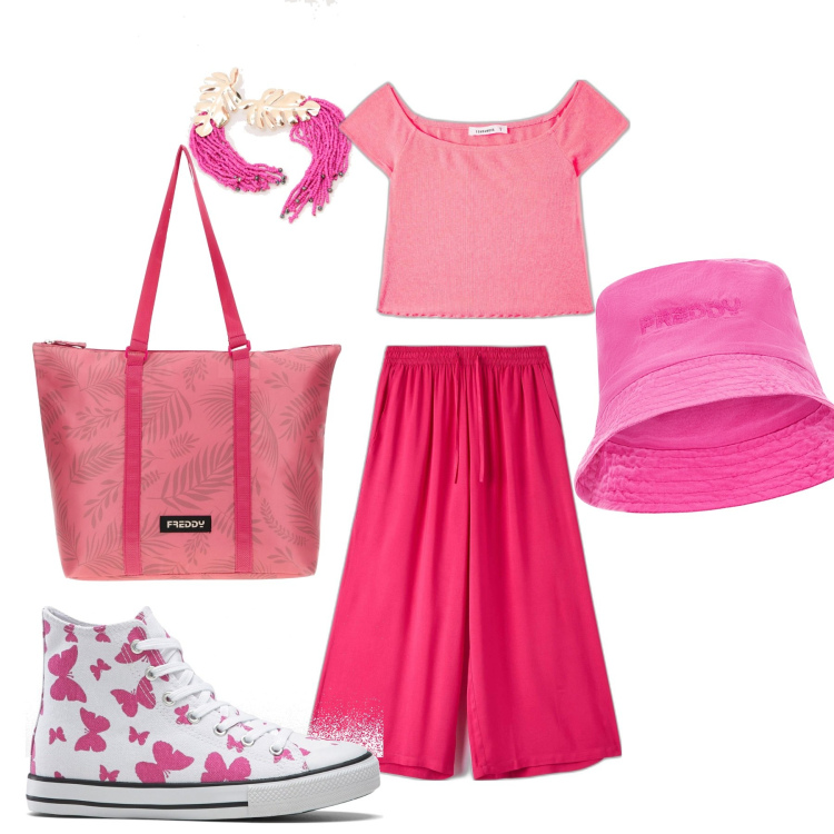 Outfit donna - Total look #1628722. Stile Sporty chic per Tutti i giorni. Abbinamento con sneakers alte, t-shirt, pantaloni a palazzo, borse tote, cappelli, orecchini.