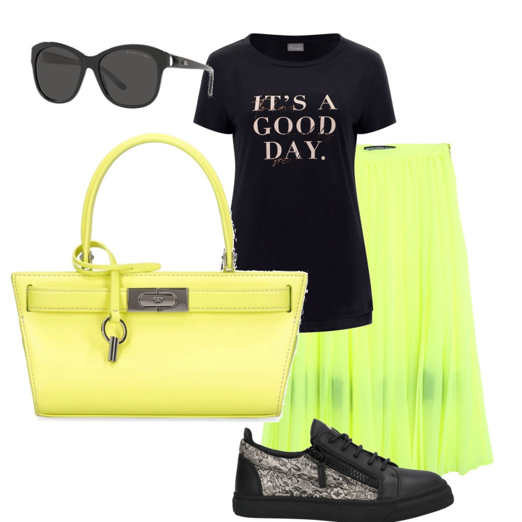 Outfit donna - Sport chic. Stile Rock per Tutti i giorni. Abbinamento con gonne longuette, sneakers, t-shirt, occhiali da sole, borse a mano.