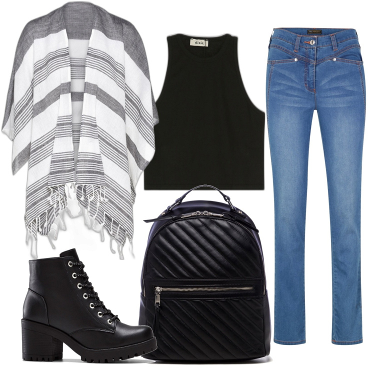 Outfit donna - Total look #1628825. Stile Urban per Tutti i giorni. Abbinamento con stivaletti, cappotti, jeans, top, zaini.