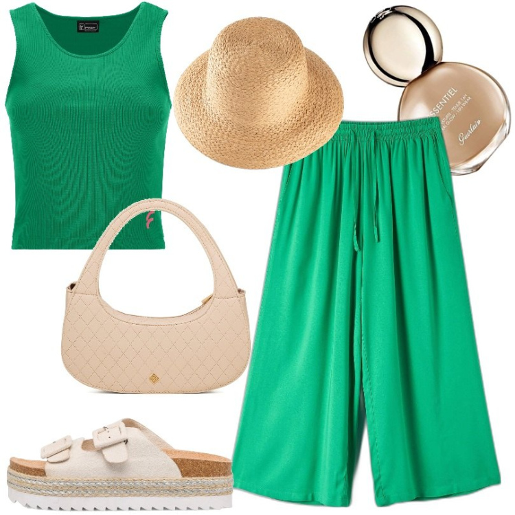 Outfit donna - Total look #1628872. Stile Basic per Tutti i giorni. Abbinamento con felpe, pantaloni a palazzo, top, sandali in pelle, borse a mano, fondotinta.