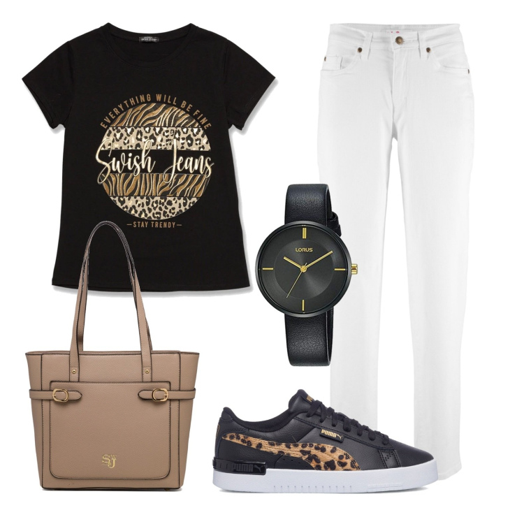 Outfit donna - Casual animalier. Stile Casual per Tutti i giorni. Abbinamento con jeans mom, t-shirt, borse a spalla, sneakers, orologi.