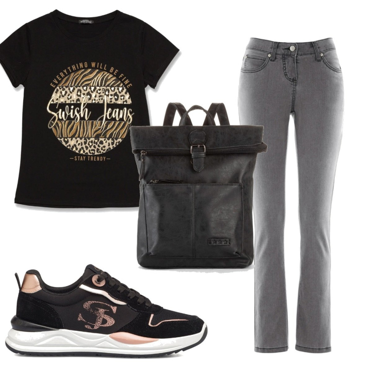 Outfit donna - Total look #1629064. Stile Basic per Scuola/Università. Abbinamento con zaini, jeans slim fit, t-shirt, sneakers.