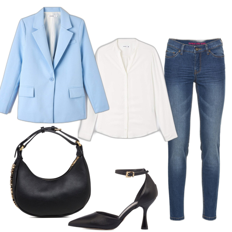 Outfit donna - Total look #1629148. Stile Casual chic per Serata fuori. Abbinamento con jeans skinny, giacche, camicie, borse a mano, décolleté.