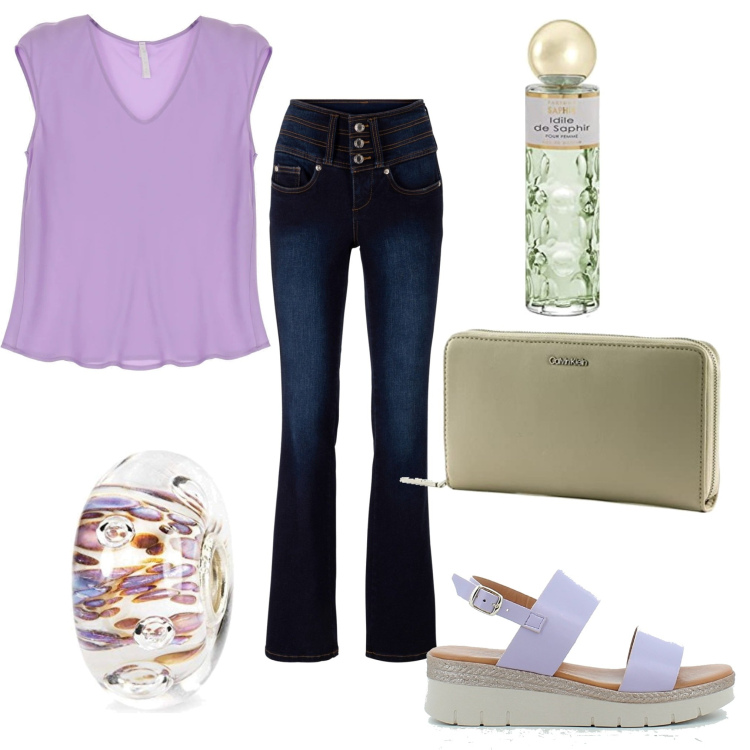 Outfit donna - Total look #1629181. Stile Casual chic per Tutti i giorni. Abbinamento con jeans bootcut, canottiere, zeppe, ciondoli, profumi, portafogli.
