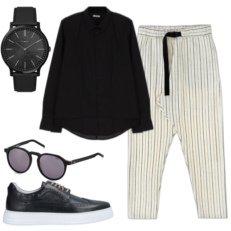 Outfit uomo - Casual e comodo per una cerimonia. Stile Casual per Cerimonia. Abbinamento con sneakers, camicie, pantaloni, occhiali da sole, orologi.