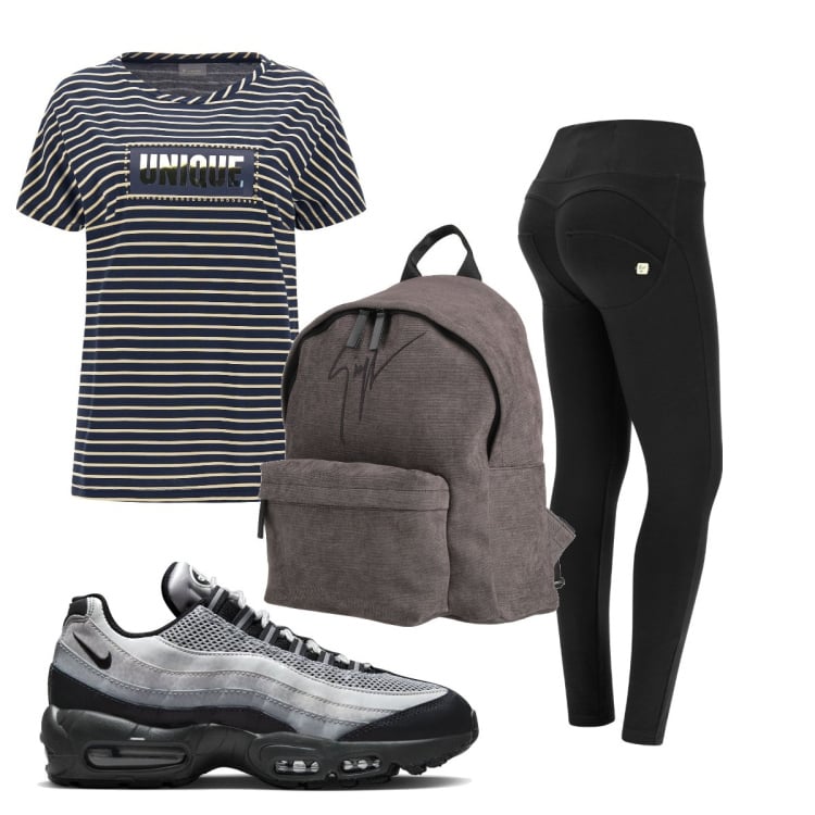 Outfit donna - Total look #1629225. Stile Basic per Sport. Abbinamento con zaini, pantaloni skinny, t-shirt, sneakers.