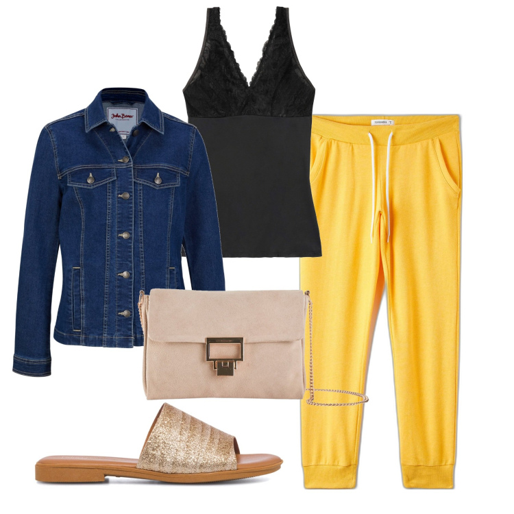Outfit donna - Sporty flat. Stile Sporty chic per Serata fuori. Abbinamento con top, blazer, pochette, pantaloni, sandali in pelle.
