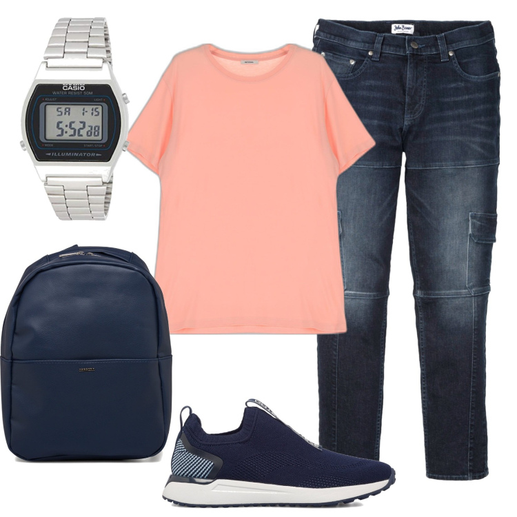 Outfit uomo - Jeans all\'università. Stile Urban per Tutti i giorni. Abbinamento con jeans slim fit, t-shirt, sneakers, borse sportive, orologi digitali.
