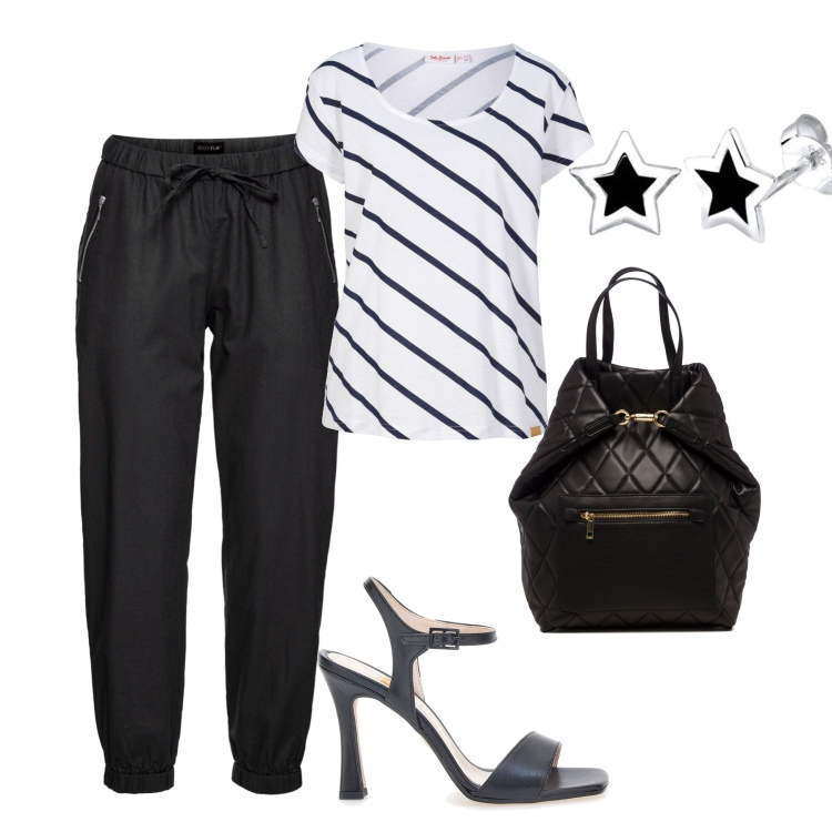 Outfit donna - I pant cropped in misto lino. Stile Casual per Tutti i giorni. Abbinamento con pantaloni, t-shirt, borse a secchiello, sandali col tacco, orecchini.