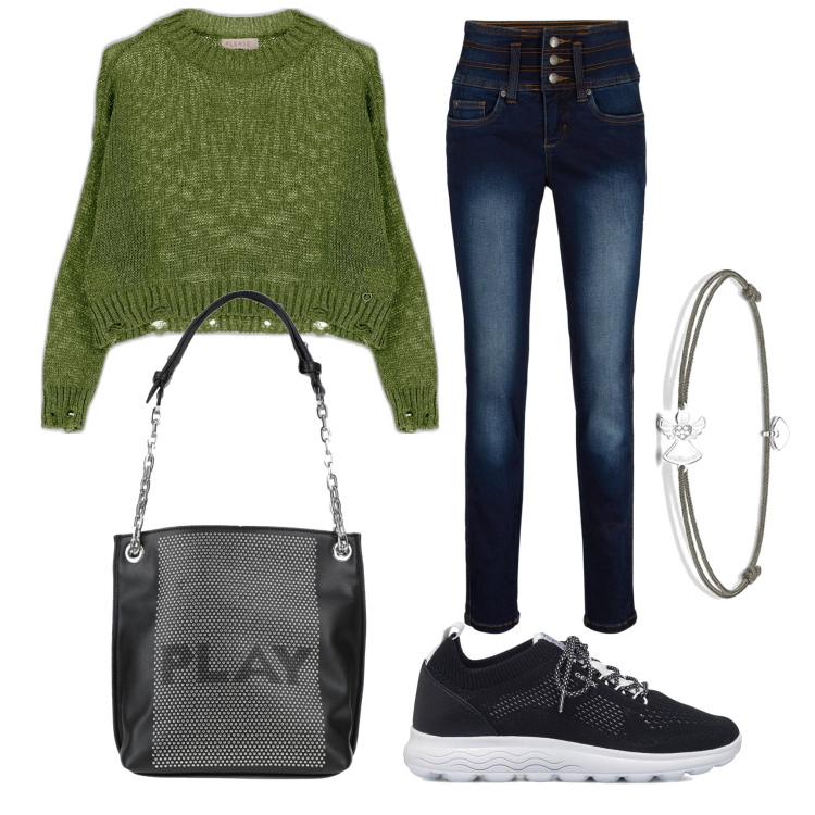 Outfit donna - Effetto metallico. Stile Urban per Tutti i giorni. Abbinamento con borse a spalla, jeans, maglieria, sneakers, braccialetti.