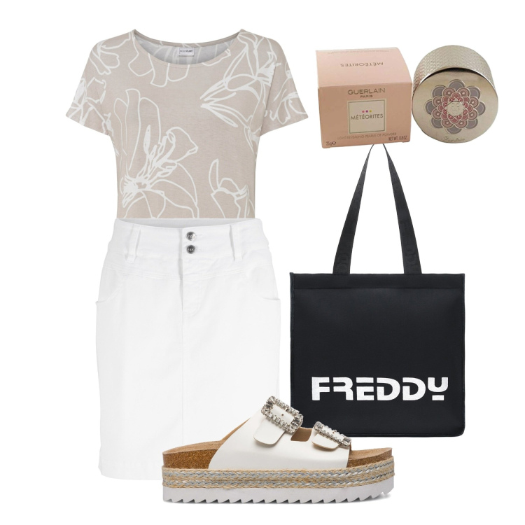 Outfit donna - Pomeriggio easy. Stile Casual per Tutti i giorni. Abbinamento con minigonne, maglieria, shopping bag, sandali gioiello, ciprie.