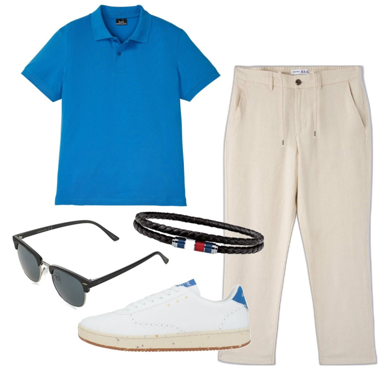 Outfit uomo - basic style. Stile Casual per Tutti i giorni. Abbinamento con sneakers, pantaloni, occhiali da sole, braccialetti, polo.