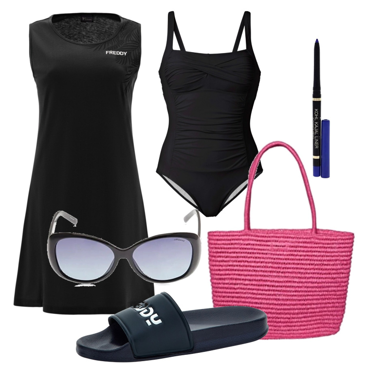 Outfit donna - Con Freddy al mare. Stile Casual per Mare. Abbinamento con costumi interi, ciabatte, vestiti senza maniche, borse sportive, eyeliner, occhiali da sole.