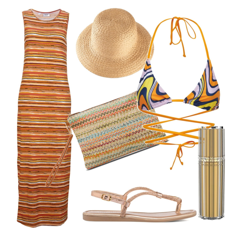 Outfit donna - Aperitivo in spiaggia. Stile Trendy per Mare. Abbinamento con felpe, vestiti lunghi, infradito, pochette, profumi, bikini.