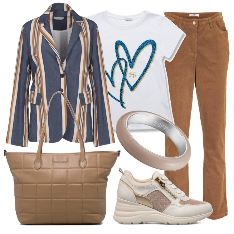 Outfit donna - Total look #1629563. Stile Casual chic per Ufficio. Abbinamento con pantaloni, blazer, t-shirt, sneakers, borse a spalla, anelli.