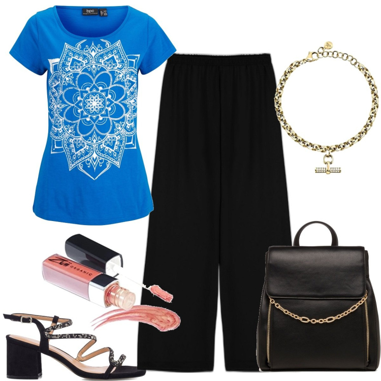 Outfit donna - Total look #1629569. Stile Casual chic per Tutti i giorni. Abbinamento con t-shirt, pantaloni a palazzo, sandali gioiello, zaini, rossetti, braccialetti.
