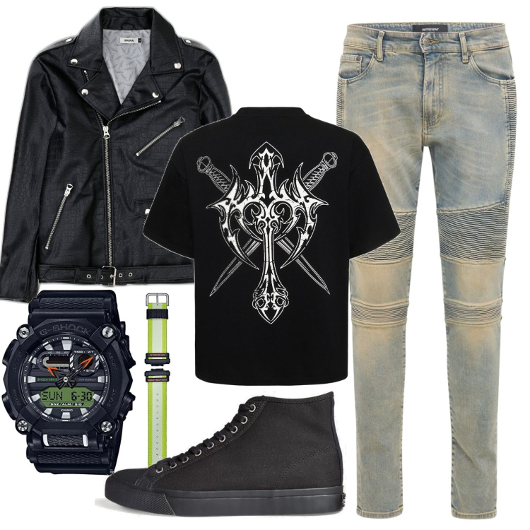 Outfit uomo - Pronti per il rock?. Stile Biker Rock per Serata speciale. Abbinamento con giacche, sneakers, jeans skinny, t-shirt, orologi.