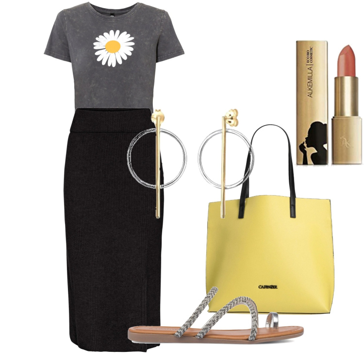 Outfit donna - Margherita, amica mia. Stile Minimal per Tutti i giorni. Abbinamento con t-shirt, gonne, borse a mano, infradito, rossetti, orecchini.