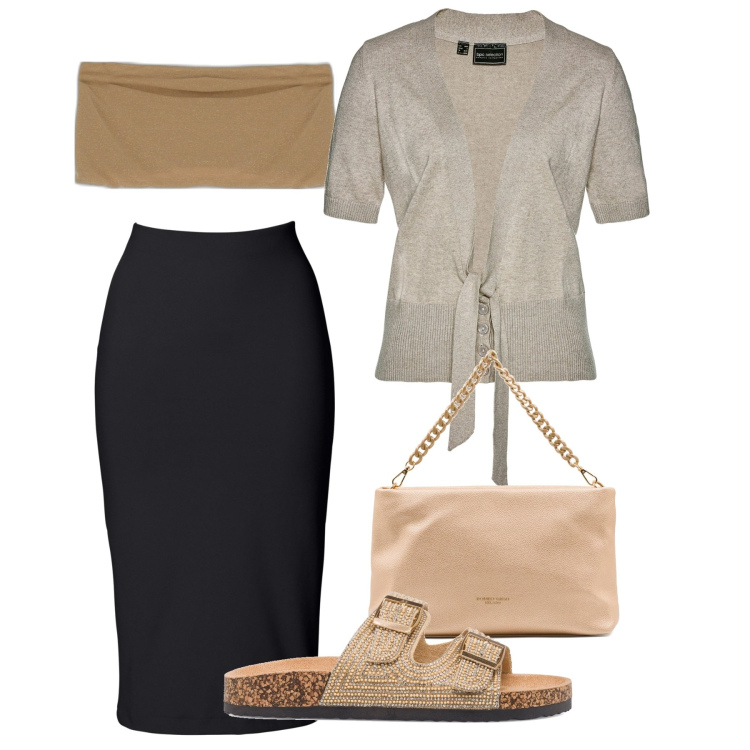 Outfit donna - La fascia e il cardigan. Stile Chic per Serata fuori. Abbinamento con gonne longuette, cardigans, top, sandali in pelle, borse a spalla.