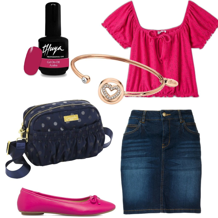 Outfit donna - La gonna di jeans. Stile Casual chic per Tutti i giorni. Abbinamento con gonne, t-shirt, ballerine, pochette, smalti, braccialetti.