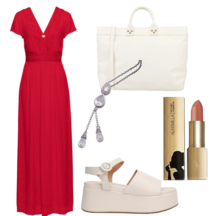 Outfit donna - L\'abito estivo. Stile Basic per Serata fuori. Abbinamento con vestiti lunghi, sandali in pelle, borse a mano, rossetti, collane.