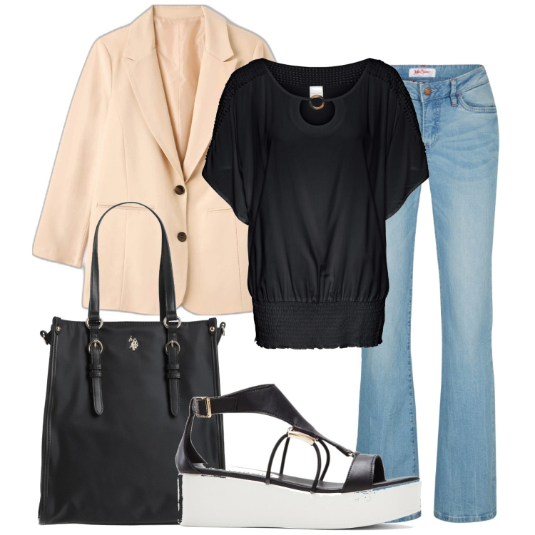 Outfit donna - Basic per l\'ufficio. Stile Basic per Ufficio. Abbinamento con jeans bootcut, bluse, sandali col tacco, borse a mano, blazer.