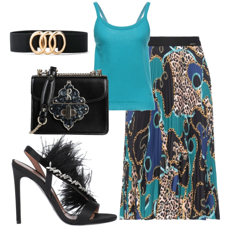Outfit donna - Con i tacchi. Stile Chic per Serata fuori. Abbinamento con cinture, gonne longuette, sandali in pelle, top, borse a tracolla.