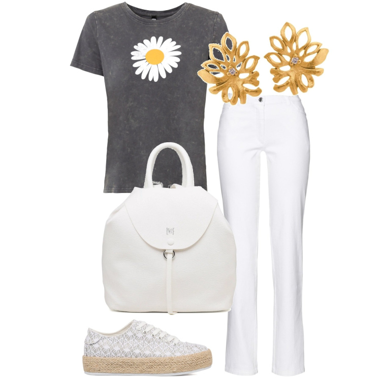 Outfit donna - Una margherita. Stile Sporty chic per Tutti i giorni. Abbinamento con t-shirt, pantaloni, sneakers alte, zaini, orecchini.