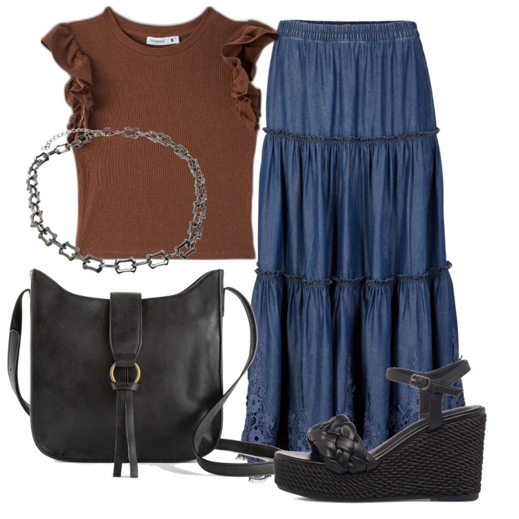 Outfit donna - Total look #1629713. Stile Casual chic per Tutti i giorni. Abbinamento con borse a tracolla, gonne, t-shirt, sandali col tacco, collane.
